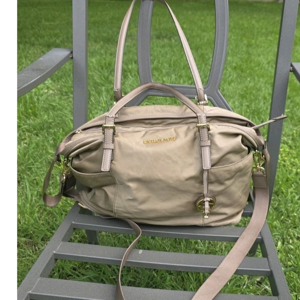 Michael Kors Nylon Diaper Bag Tan Khaki Gold Hardware Tote Crossbody Handbag